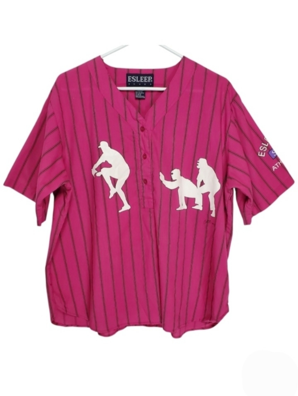 2470 * Esleep Vintage Oversized Pajama Top Magenta Baseball Print Size L 90s